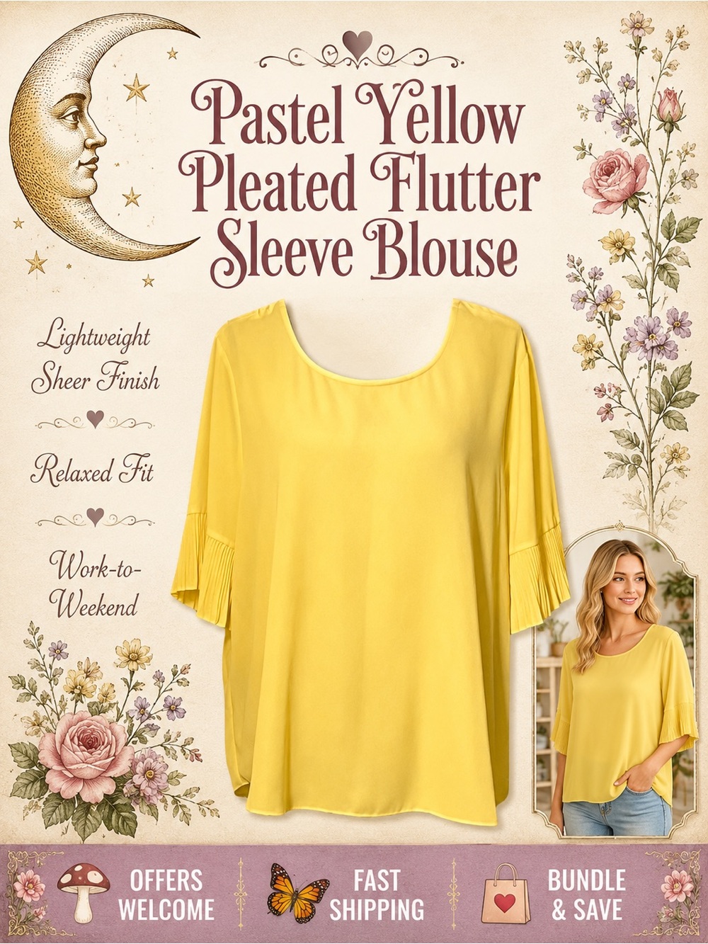 C Est. 1946 Pastel Yellow Blouse Pleated Flutter Sleeves Sheer Finish XL